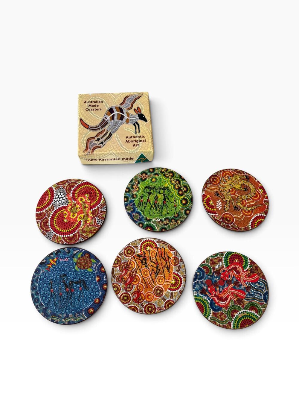 Vintage Authentic Aboriginal Art Coasters Set of 6 Cork Backed Brand New In Box